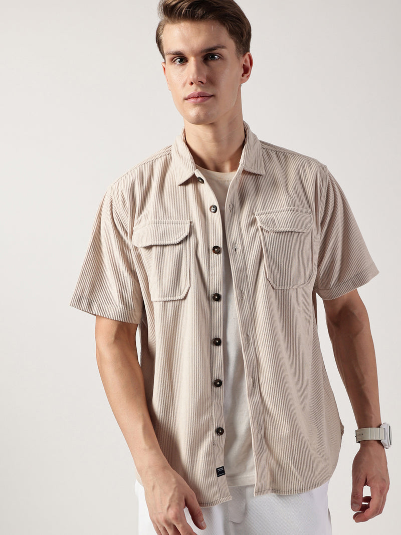 Thomas Scott Men Beige Premium Oversized Short Sleeves Spread Collar Corduroy Casual Shirt