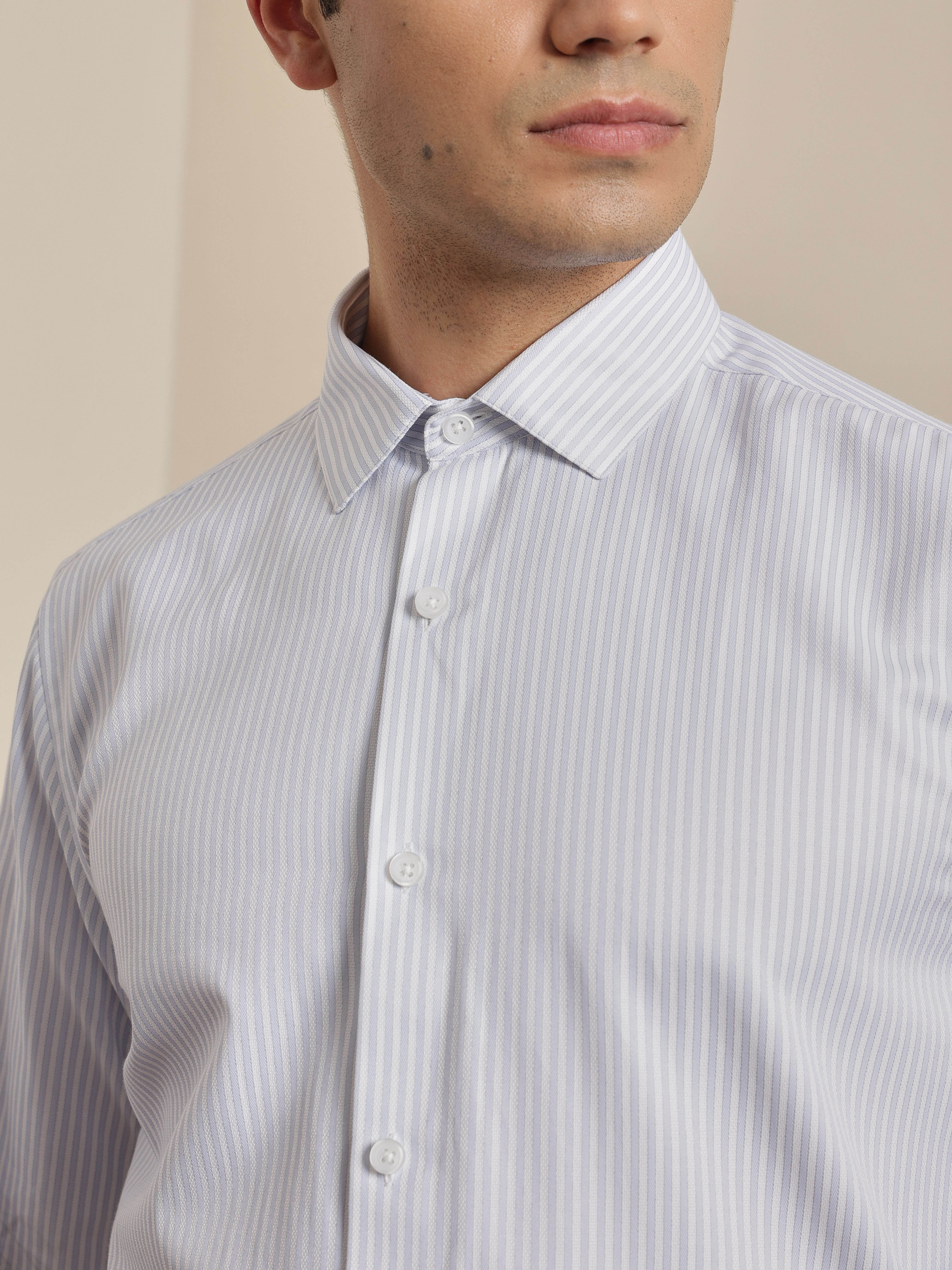 Thomas Scott Men Smart Grey Regular Fit Long Sleeves Semi Cutaway Collar Pinstripes Formal Shirt