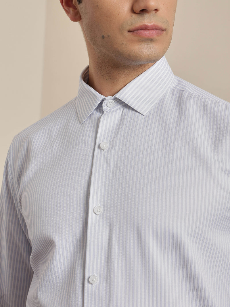 Thomas Scott Men Smart Grey Regular Fit Long Sleeves Semi Cutaway Collar Pinstripes Formal Shirt