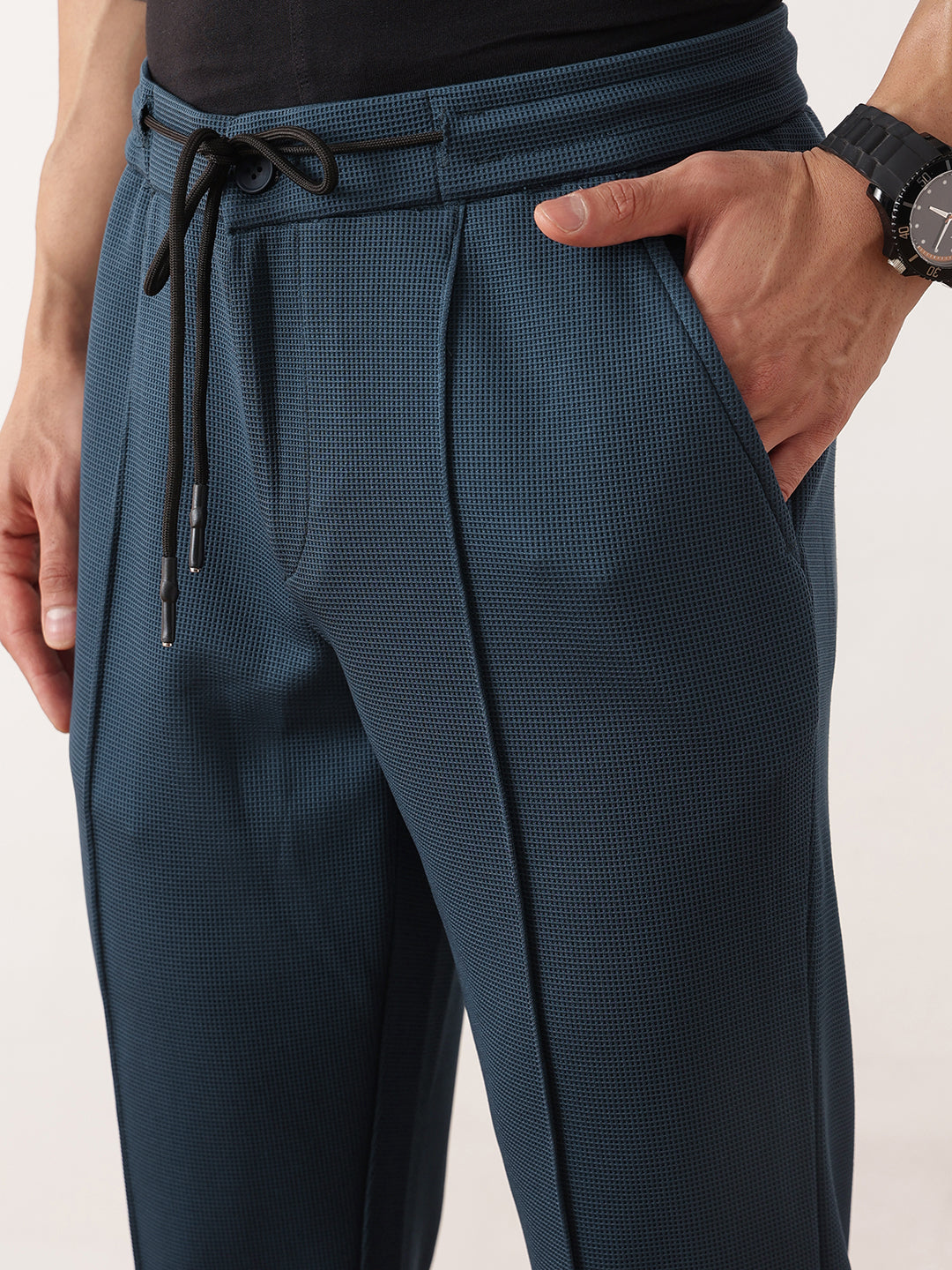 Thomas Scott Men Blue Smart Regular Fit Mid-Rise Textured Pleated Knitted Casual Trousers with Drawstring Closure