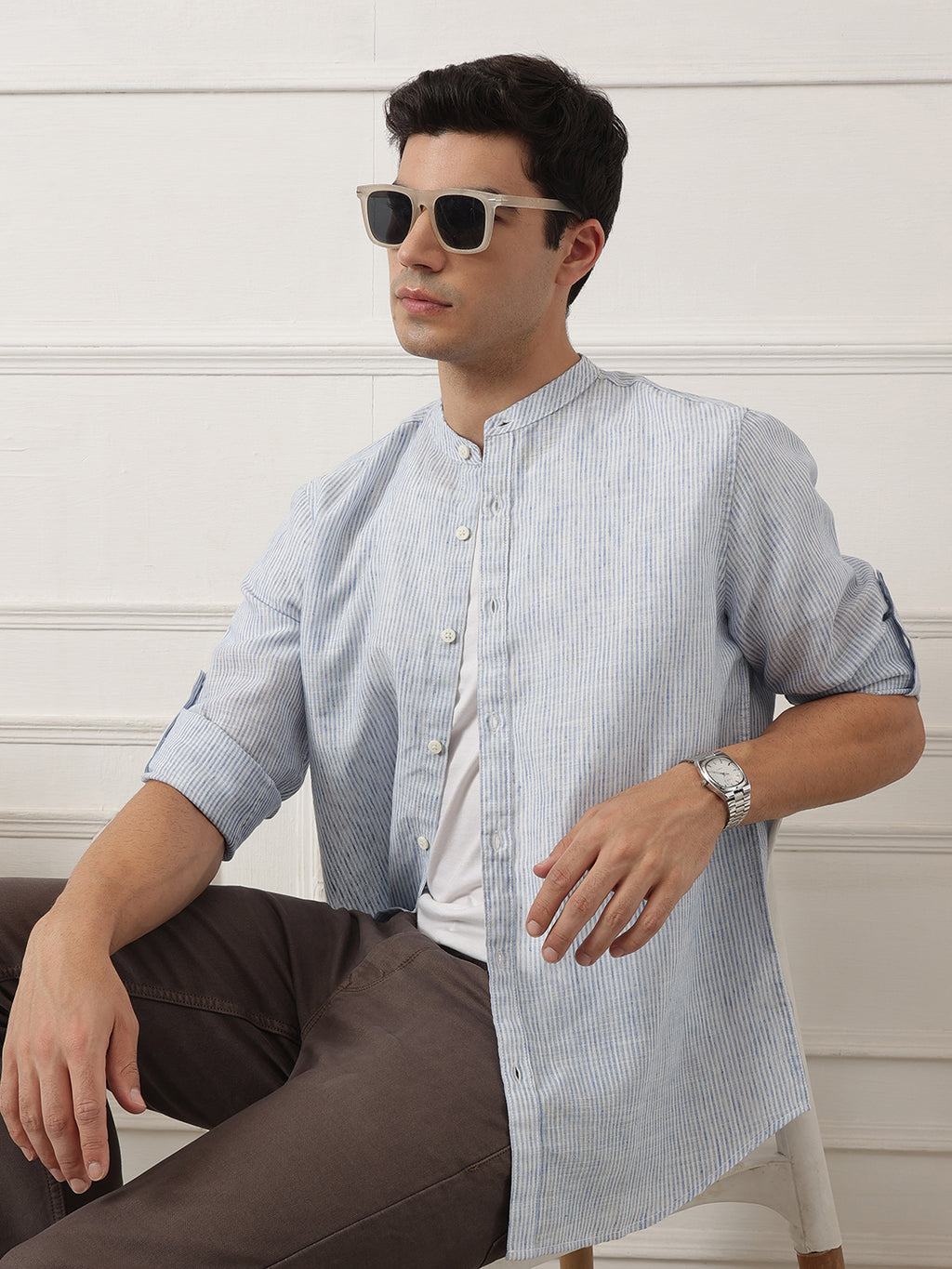 Blue Premium Regular Fit Roll-Up Sleeve Mandarin Collar Pinstripe Linen Casual Shirt for Men