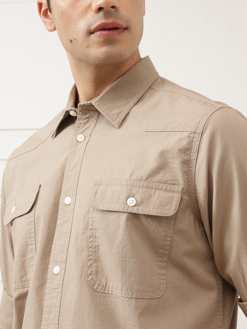 Beige Roll-Up Sleeve Regular Fit Spread Collar Textured Cotton Casual Shirt For Men