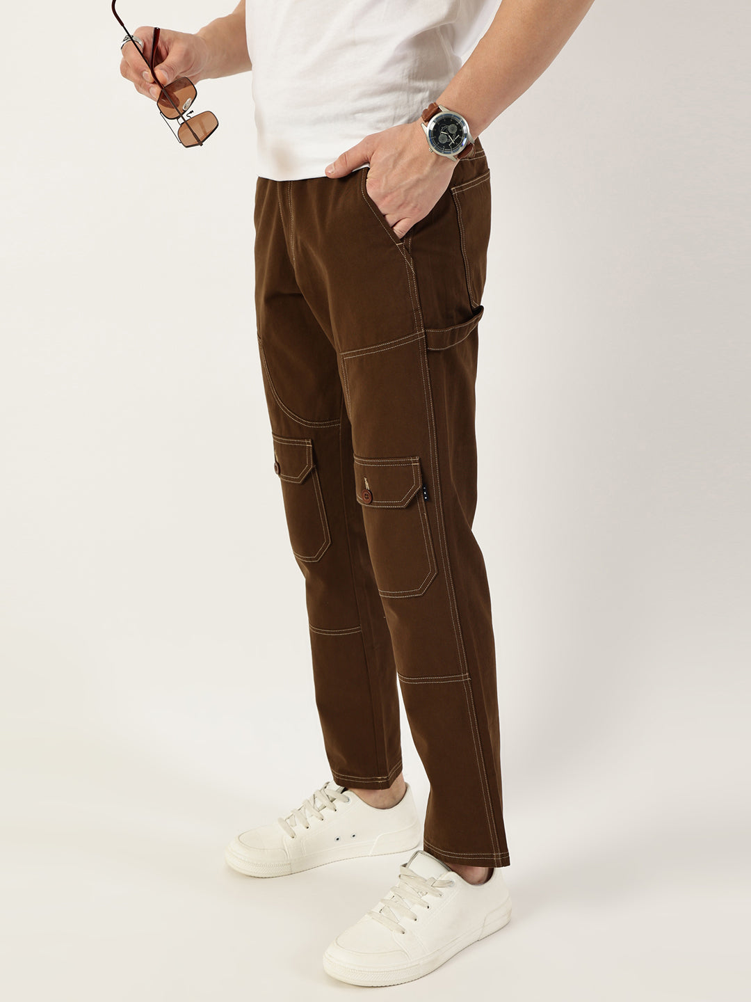 Thomas Scott Men Brown Smart Regular Fit Mid-Rise Solid Cotton Woven Trouser