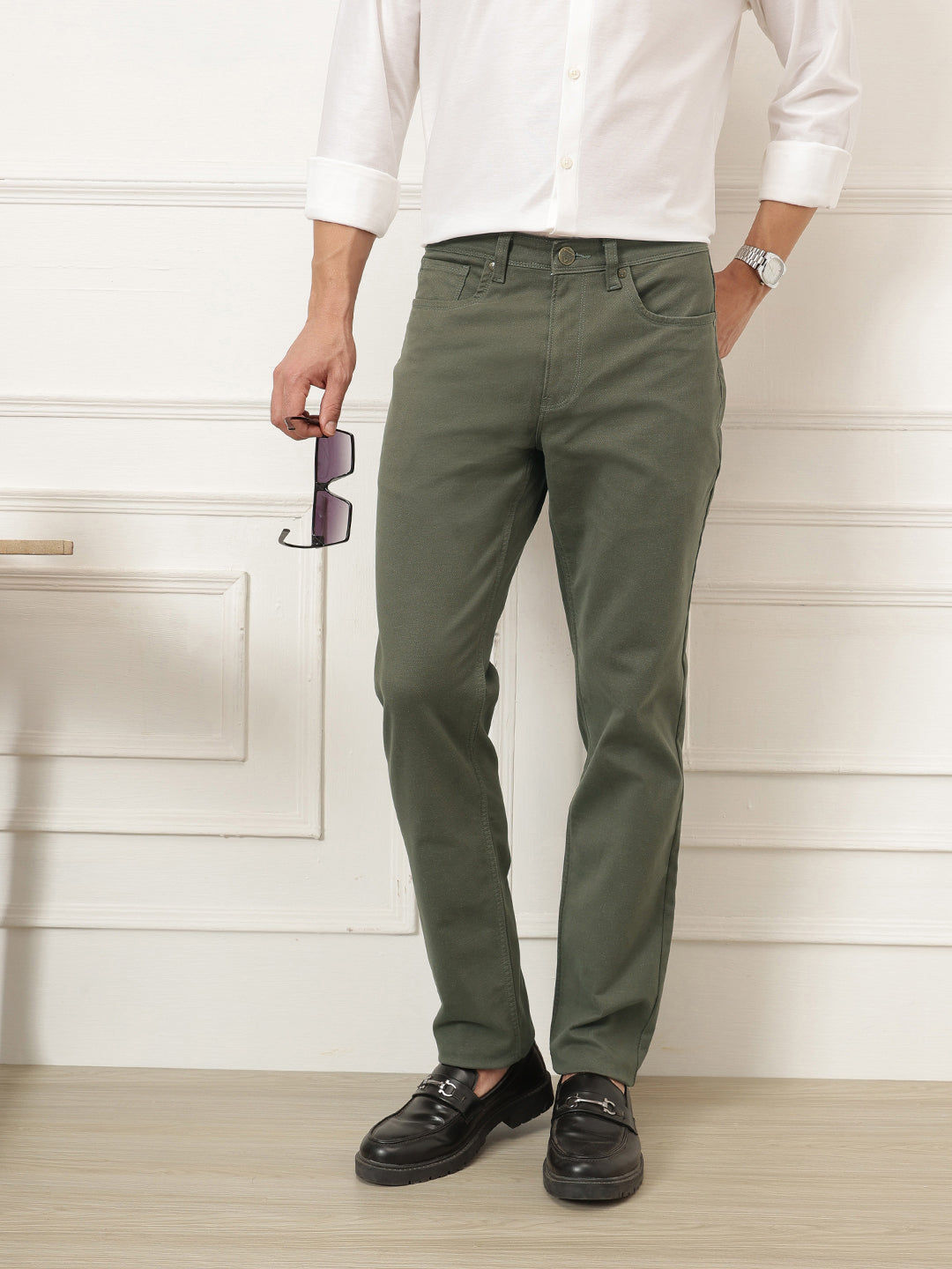 Green Smart Straight Fit Mid-Rise Solid Woven Trouser For Men