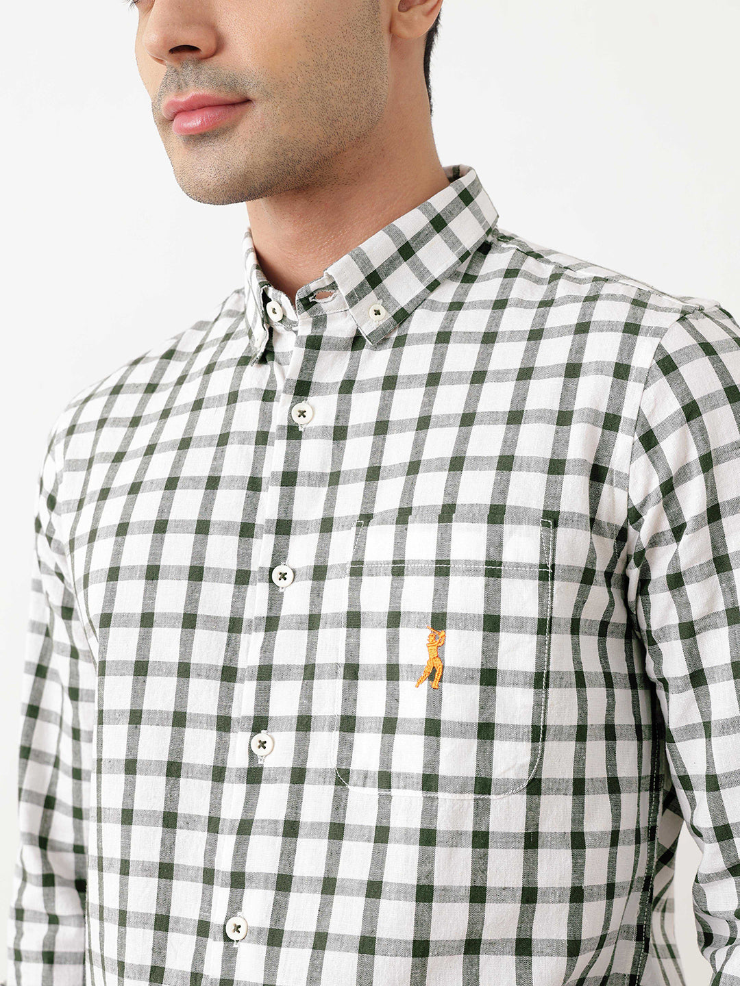 Thomas Scott Men Green Regular Fit Long Sleeves Gingham Checks Button Down Collar Cotton Linen Casual Shirts