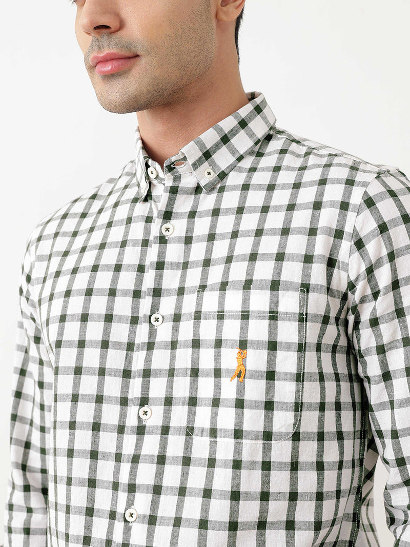 Thomas Scott Men Green Regular Fit Long Sleeves Gingham Checks Button Down Collar Cotton Linen Casual Shirts