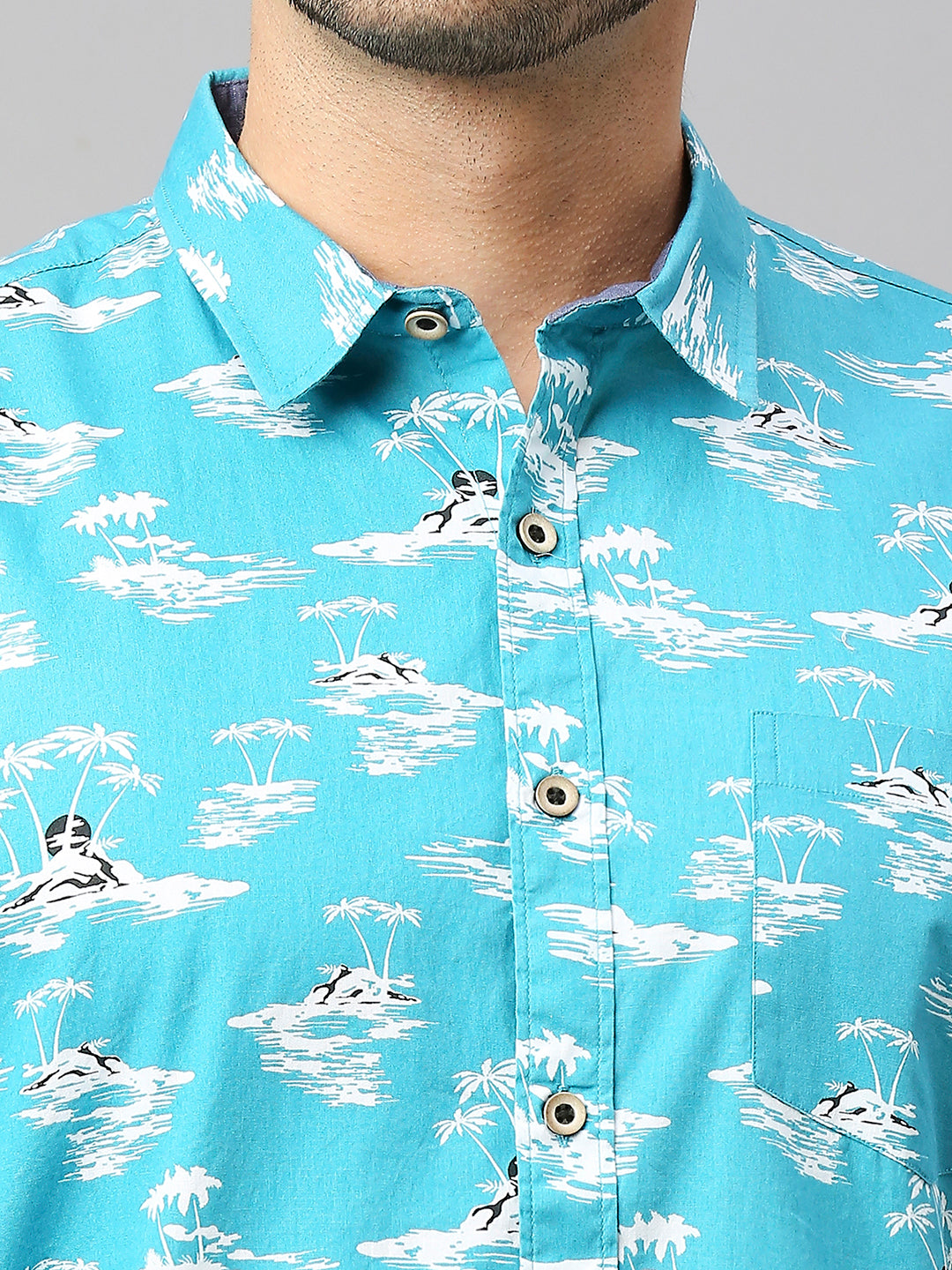 Thomas Scott Men Turquoise Classic Short Sleeves Slim Fit Spread Collar Conversational Printed Cotton Casual Shirt