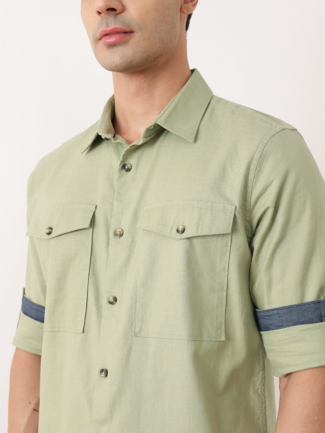 Thomas Scott Men Olive Premium Slim Fit Long Roll-Up Sleeves Spread Collar Solid Cotton Casual Shirt with Flap Pockets