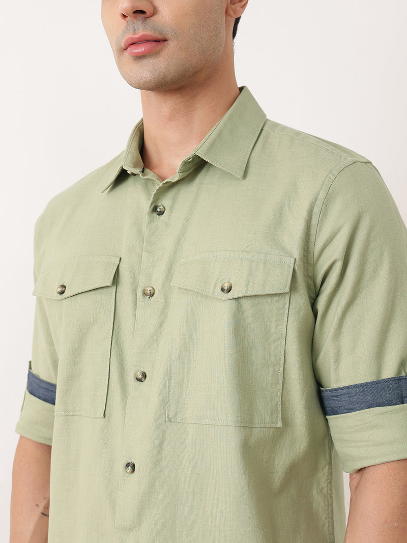 Thomas Scott Men Olive Premium Slim Fit Long Roll-Up Sleeves Spread Collar Solid Cotton Casual Shirt with Flap Pockets