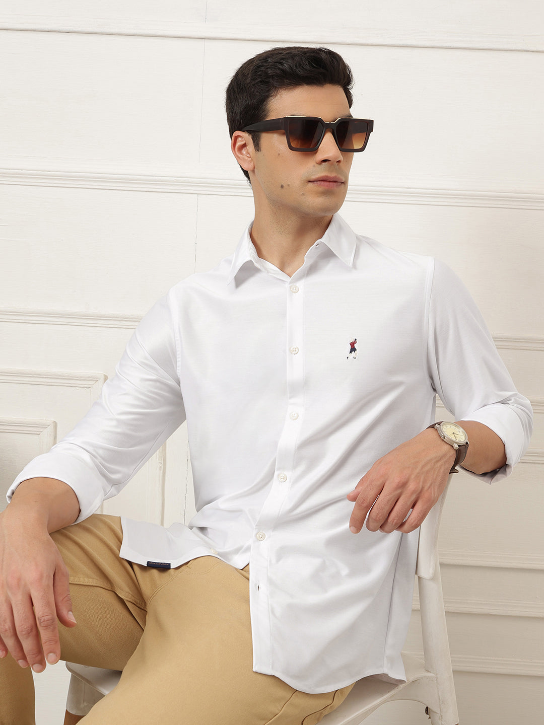 White Premium Regular Fit Long Sleeves Spread Collar Solid Knitted Casual Shirt For Men