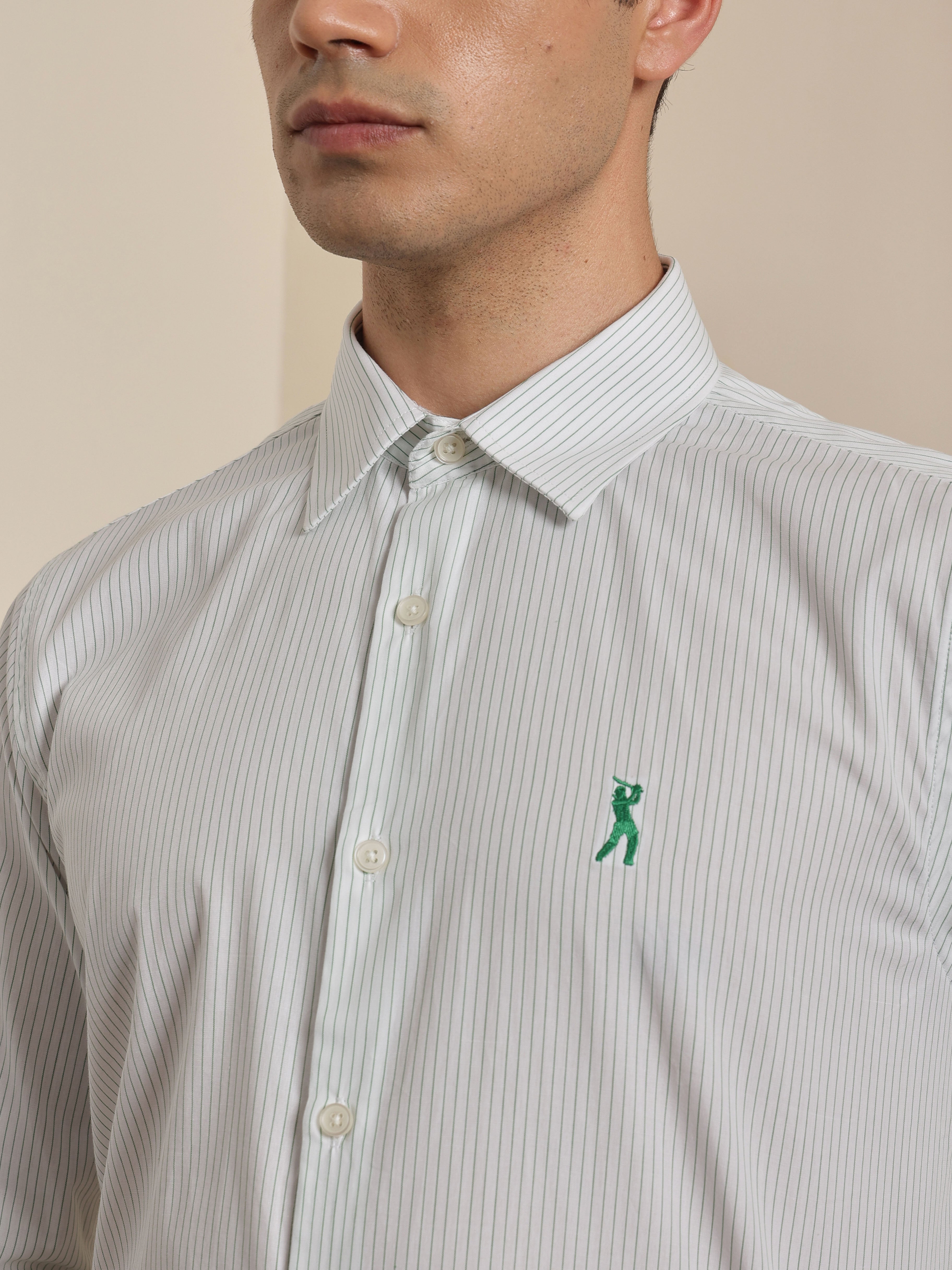 Thomas Scott Men Premium Green Regular Fit Vertical Striped Cotton Formal Shirt with Spread Collar & Full Sleeves