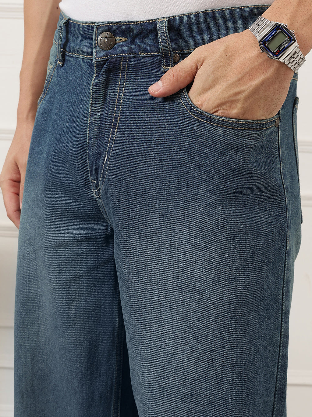 Dark Blue Smart Baggy Fit Mid-Rise Clean Look Non-Stretchable Jeans For Men