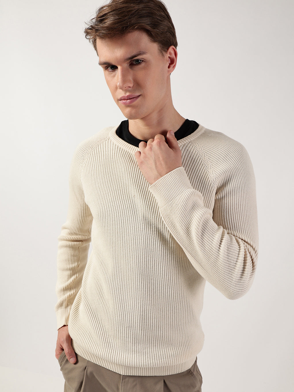 Thomas Scott Men Ribbed Self Design Round Neck Cotton Pullover Ribbed Sweater