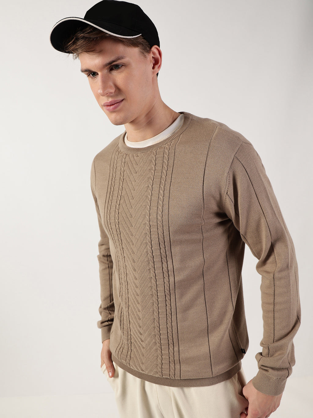 Thomas Scott Men Cable Knit Round Neck Cotton Pullover Ribbed Sweater
