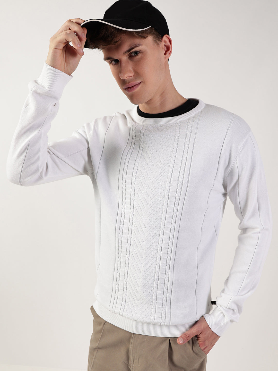 Thomas Scott Men Cable Knit Round Neck Cotton Pullover Ribbed Sweater