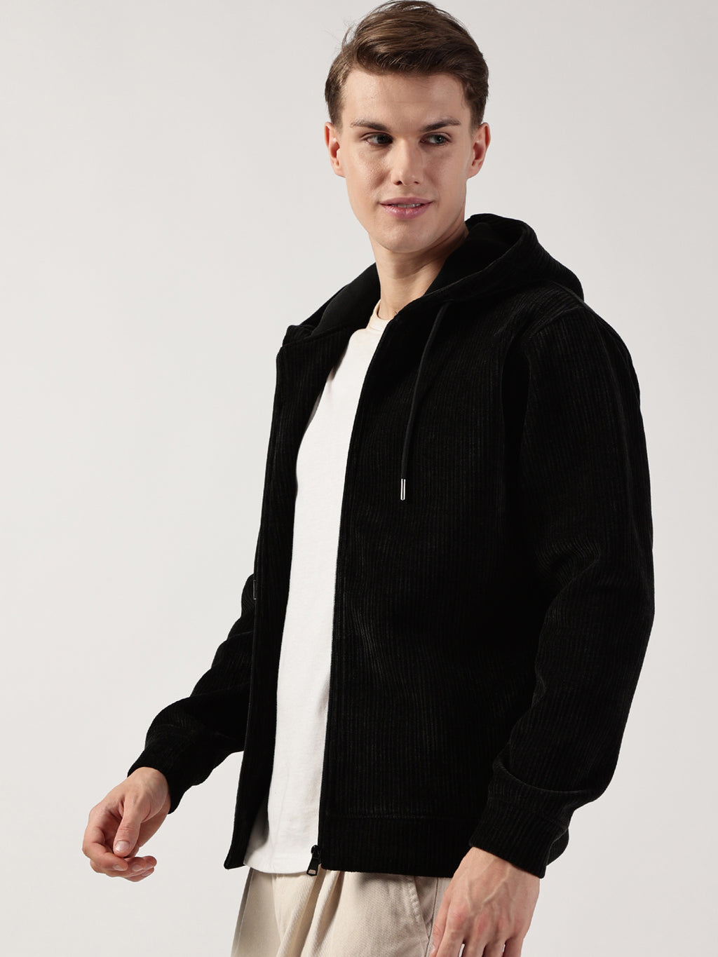 Black Regular Fit Long Sleeves Solid Jacket