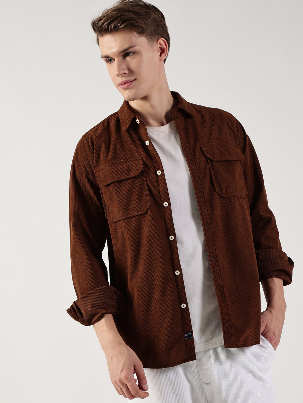 Brown Premium Slim Fit Opaque Corduroy Casual Shirt