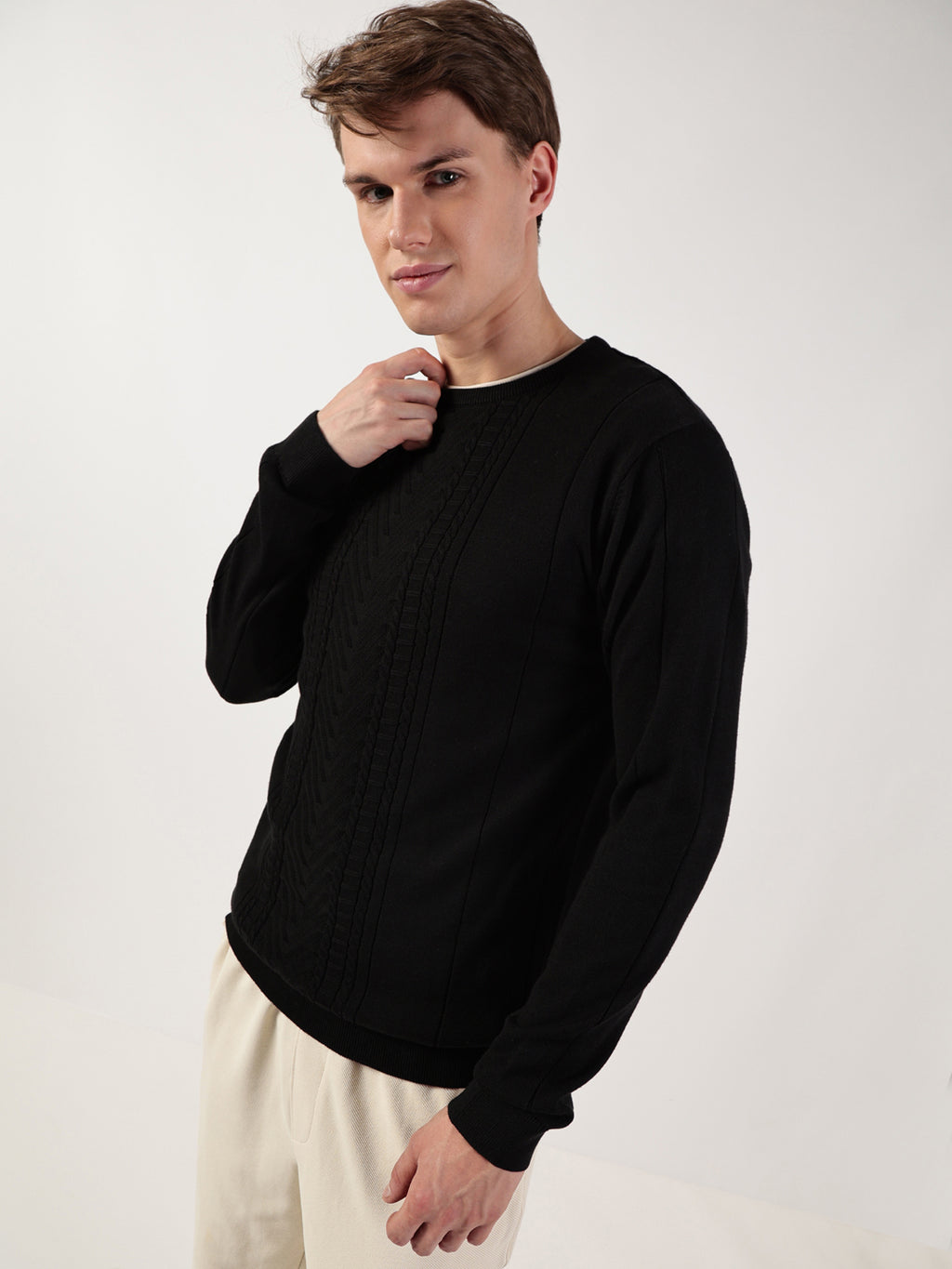 Thomas Scott Men Cable Knit Round Neck Cotton Pullover Ribbed Sweater
