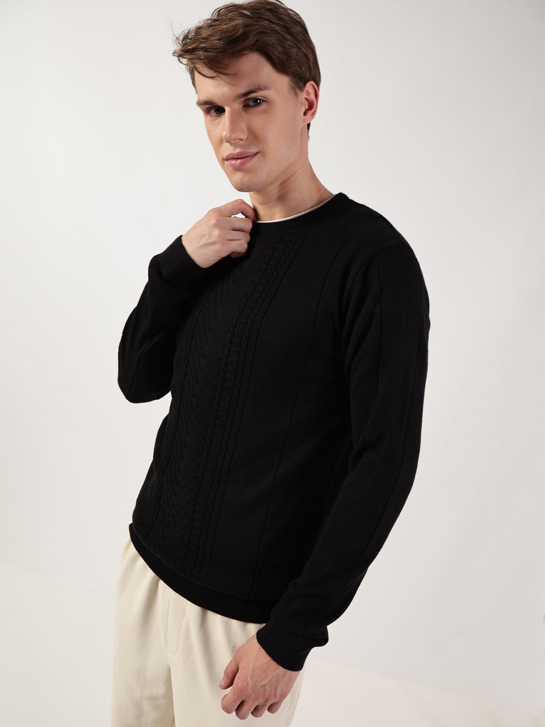 Thomas Scott Men Cable Knit Round Neck Cotton Pullover Ribbed Sweater