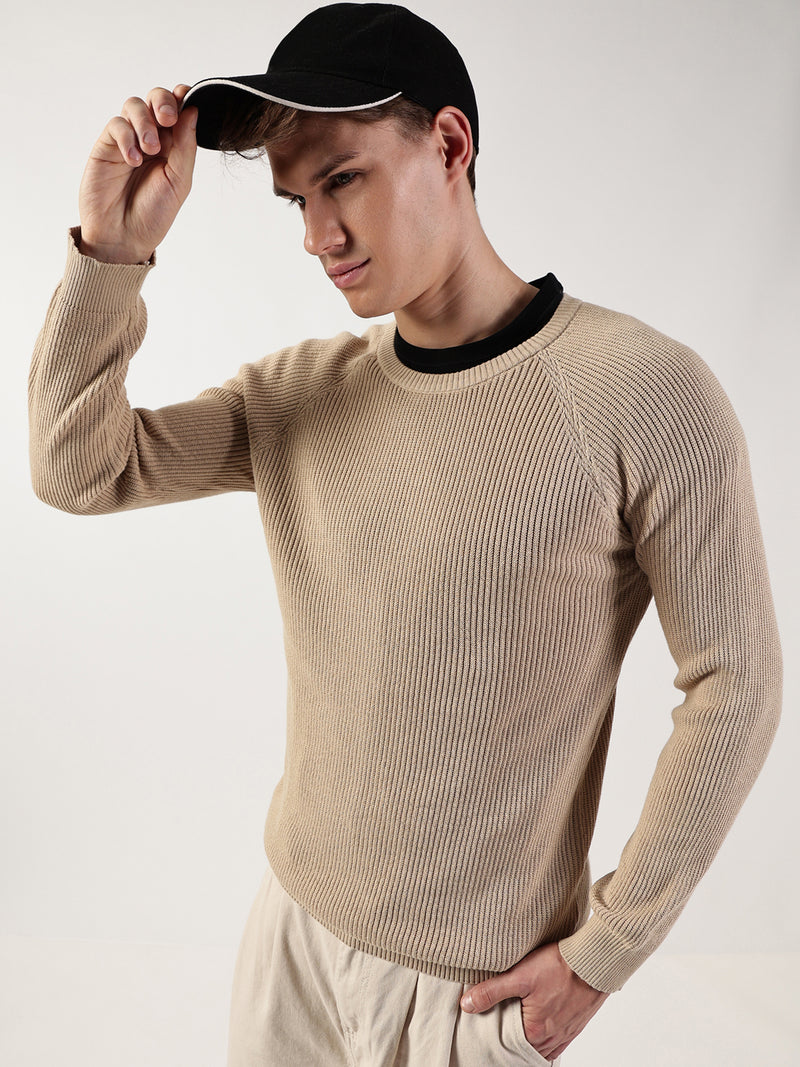 Thomas Scott Men Ribbed Self Design Round Neck Cotton Pullover Ribbed Sweater