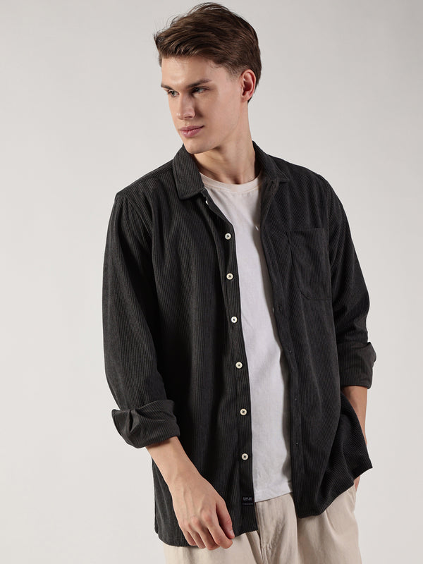 Dark Grey Striped Premium Opaque Corduroy Shirt For Men