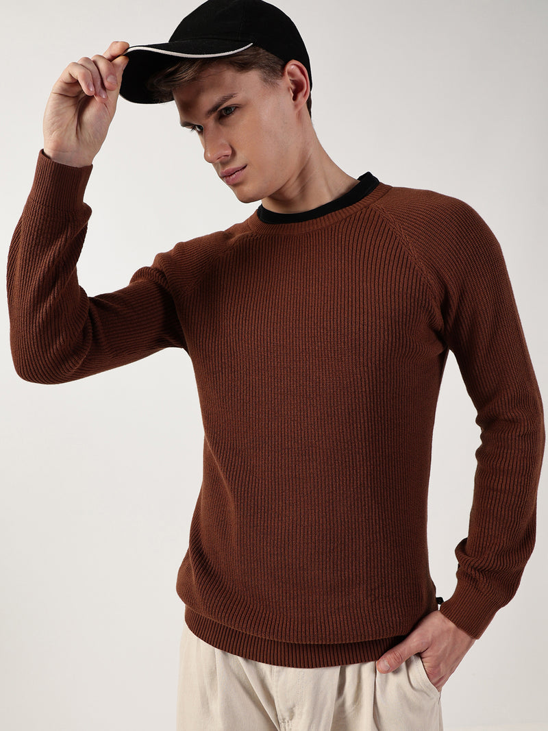 Thomas Scott Men Ribbed Self Design Round Neck Cotton Pullover Ribbed Sweater