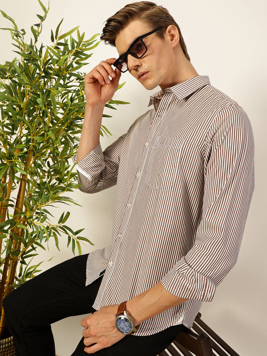 Thomas Scott Men Smart Spread Collar Vertical Striped Cotton Slim Fit Casual Shirt