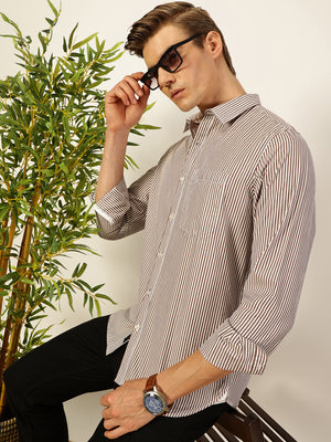 Thomas Scott Men Smart Spread Collar Vertical Striped Cotton Slim Fit Casual Shirt
