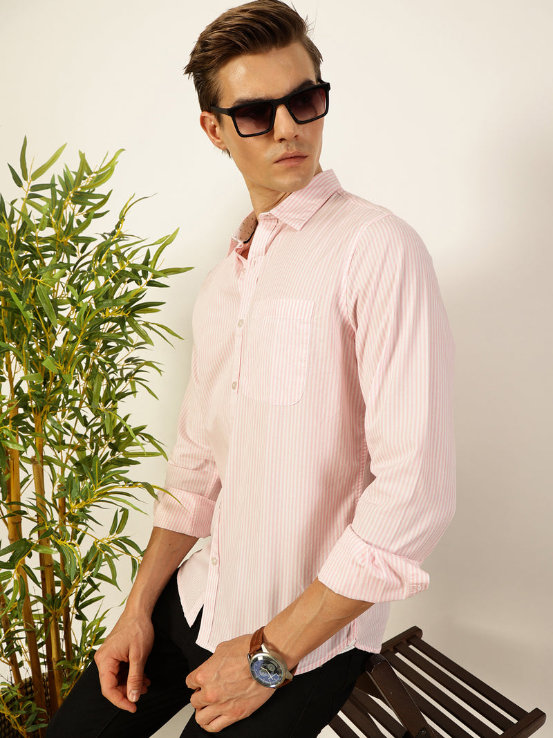 Thomas Scott Men Smart Spread Collar Vertical Striped Cotton Slim Fit Casual Shirt
