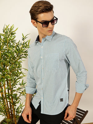 Thomas Scott Men Smart Spread Collar Micro Checked Cotton Slim Fit Casual Shirt