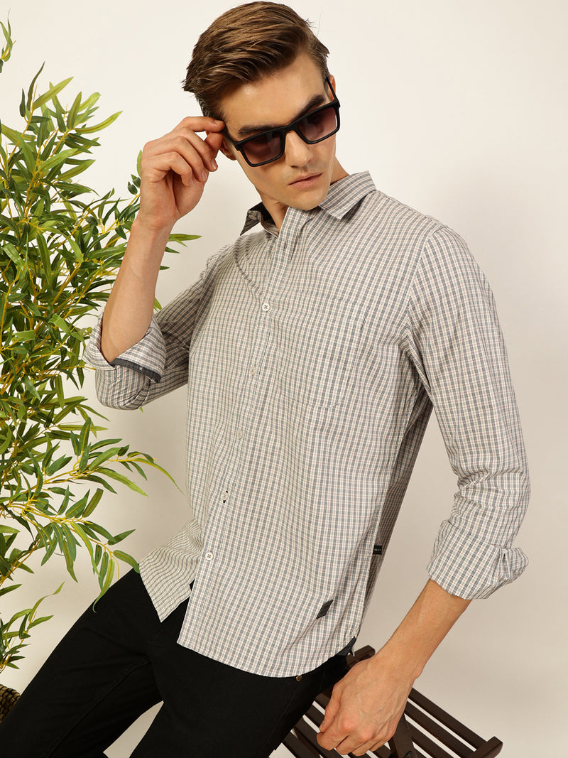 Thomas Scott Men Smart Spread Collar Micro Checked Cotton Slim Fit Casual Shirt