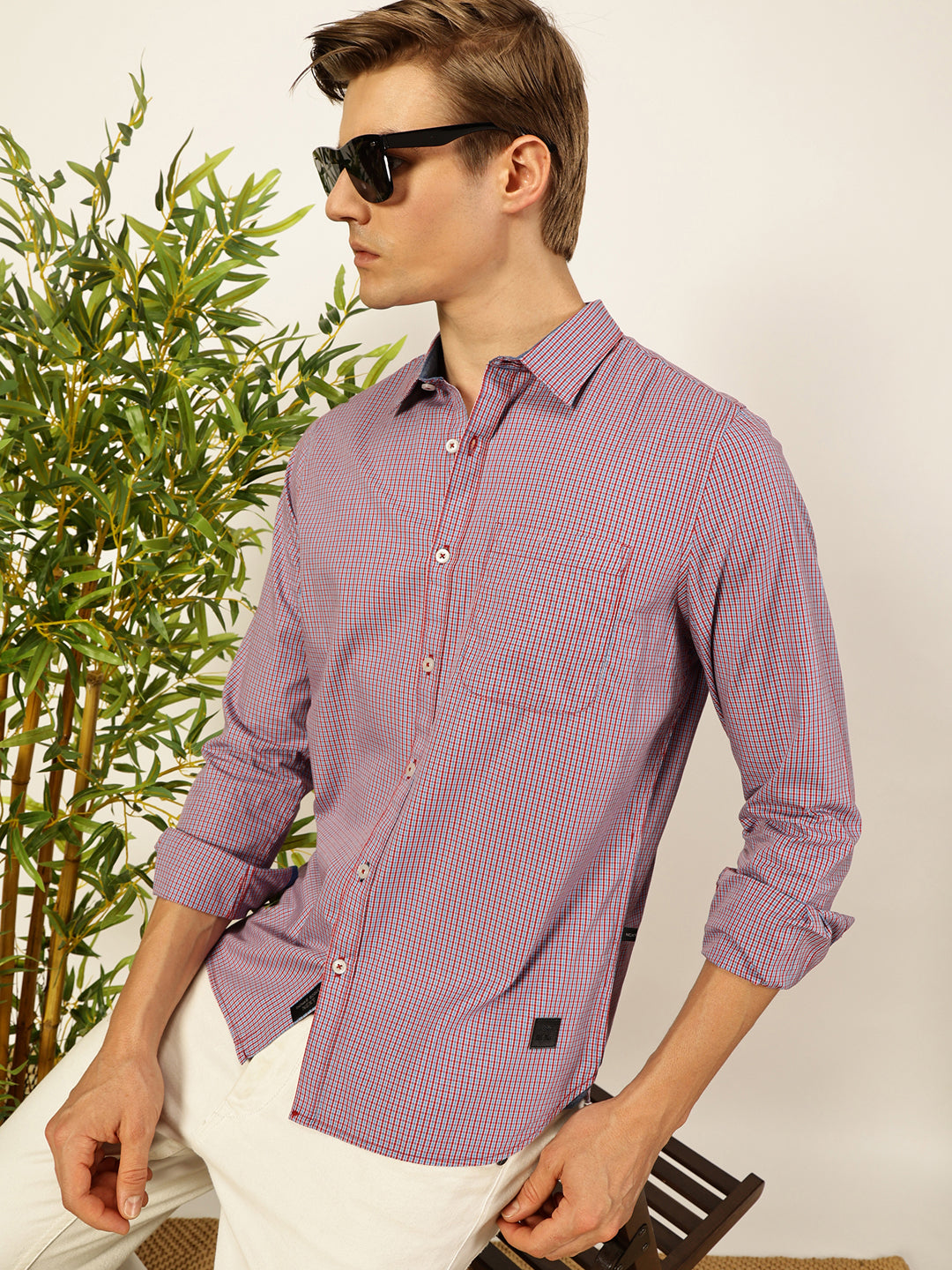 Thomas Scott Men Smart Spread Collar Micro Checked Cotton Slim Fit Casual Shirt