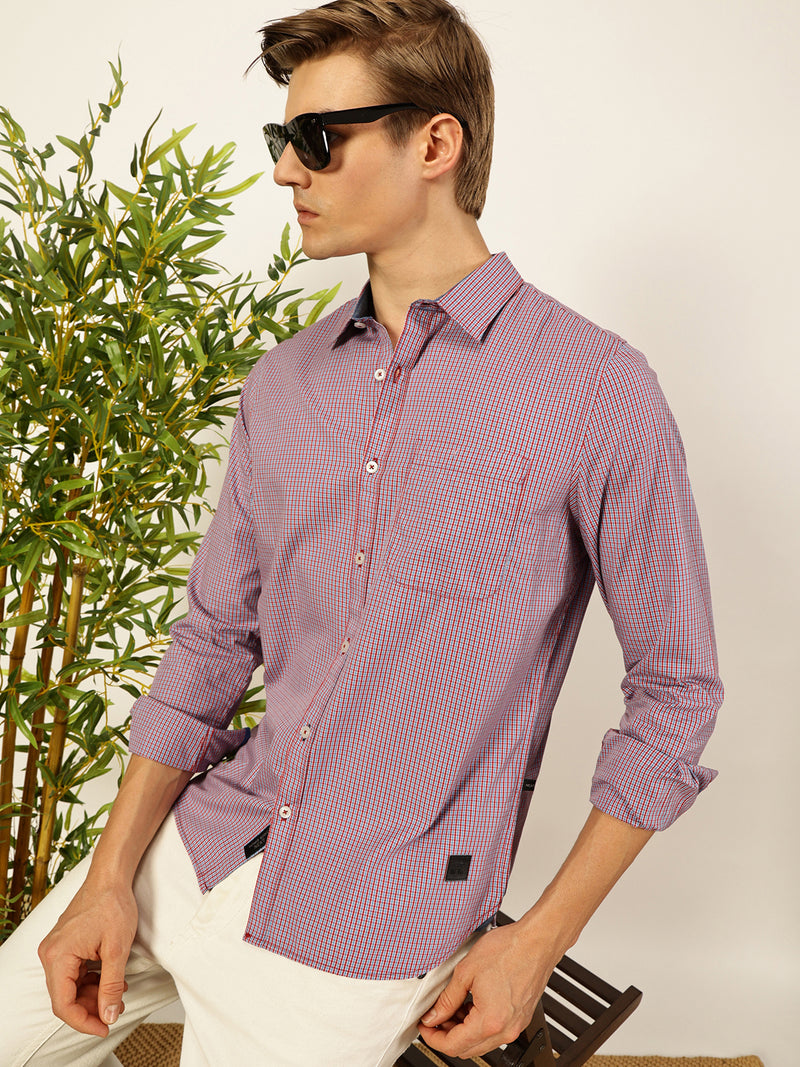 Thomas Scott Men Smart Spread Collar Micro Checked Cotton Slim Fit Casual Shirt