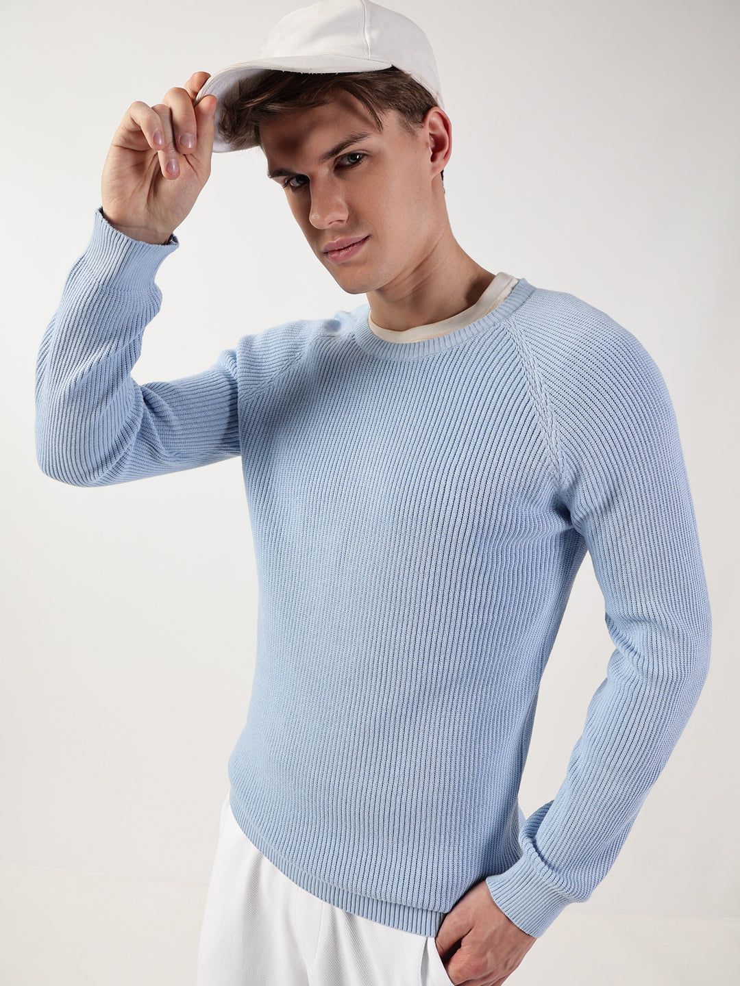 Thomas Scott Men Ribbed Self Design Round Neck Cotton Pullover Ribbed Sweater