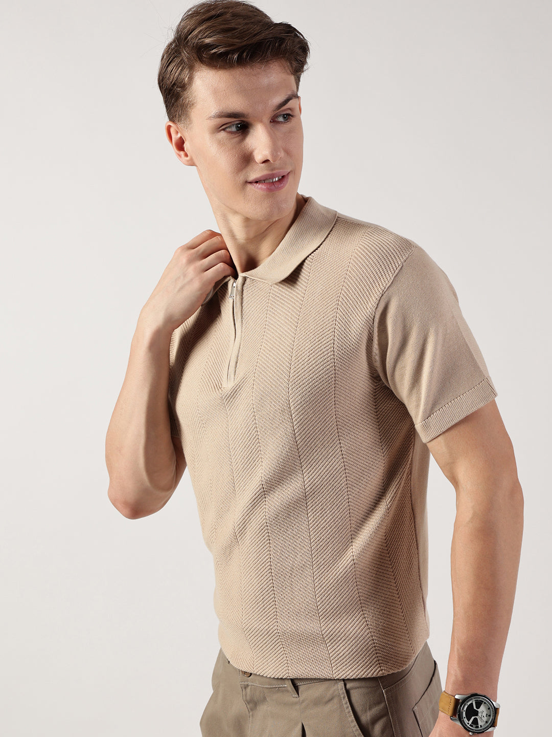 Thomas Scott Men Self Design Polo Collar Cotton T-shirt
