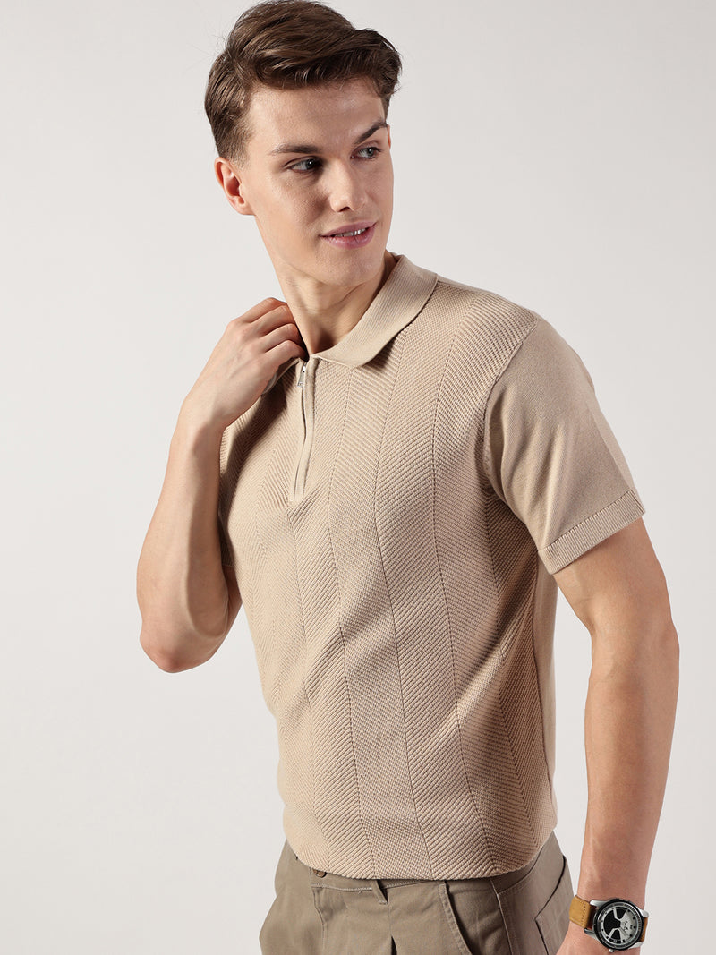Thomas Scott Men Self Design Polo Collar Cotton T-shirt