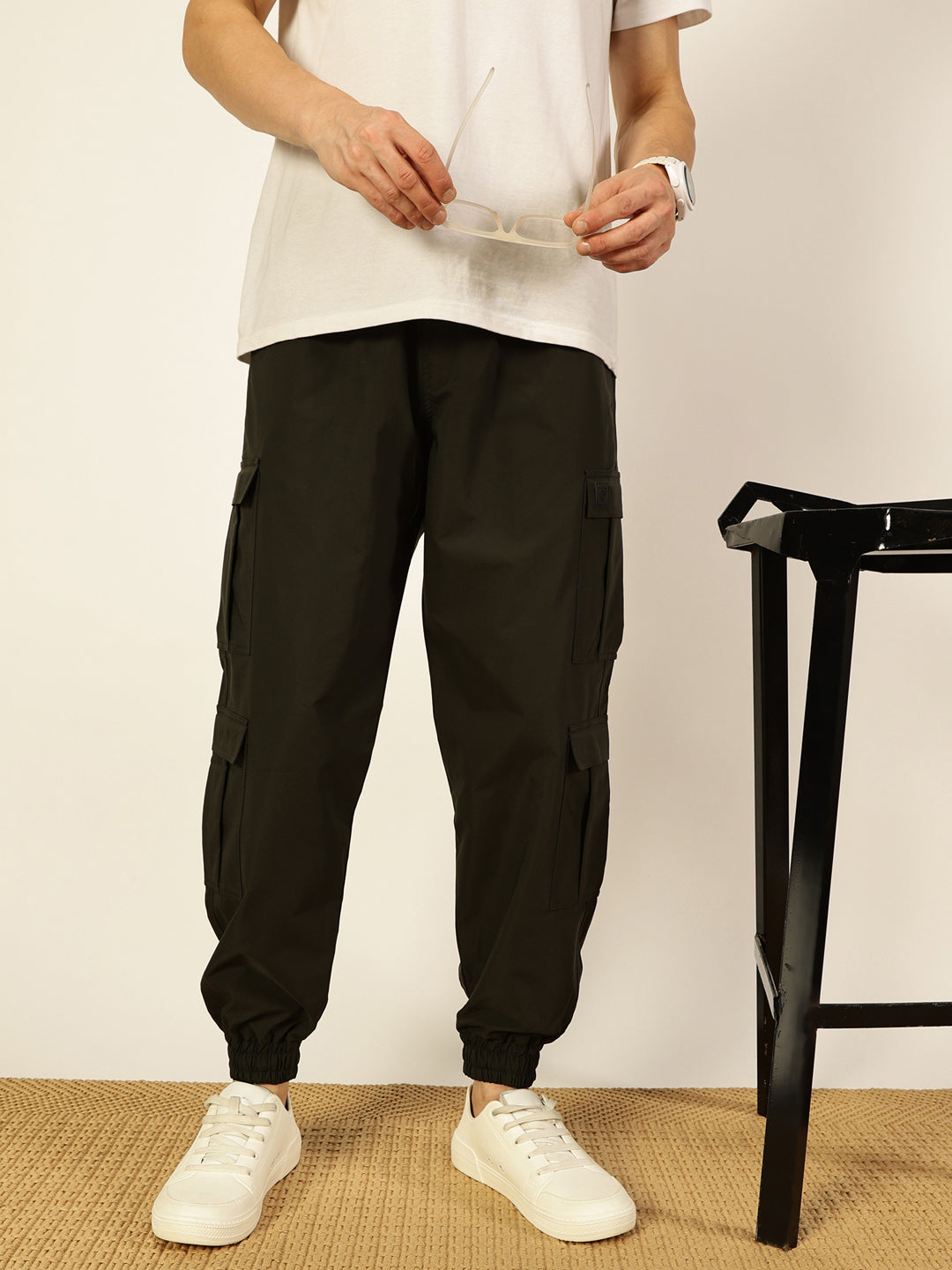 Thomas Scott Men Casual Loose Fit Mid-Rise Cotton Wrinkle Free Solid Joggers Trousers