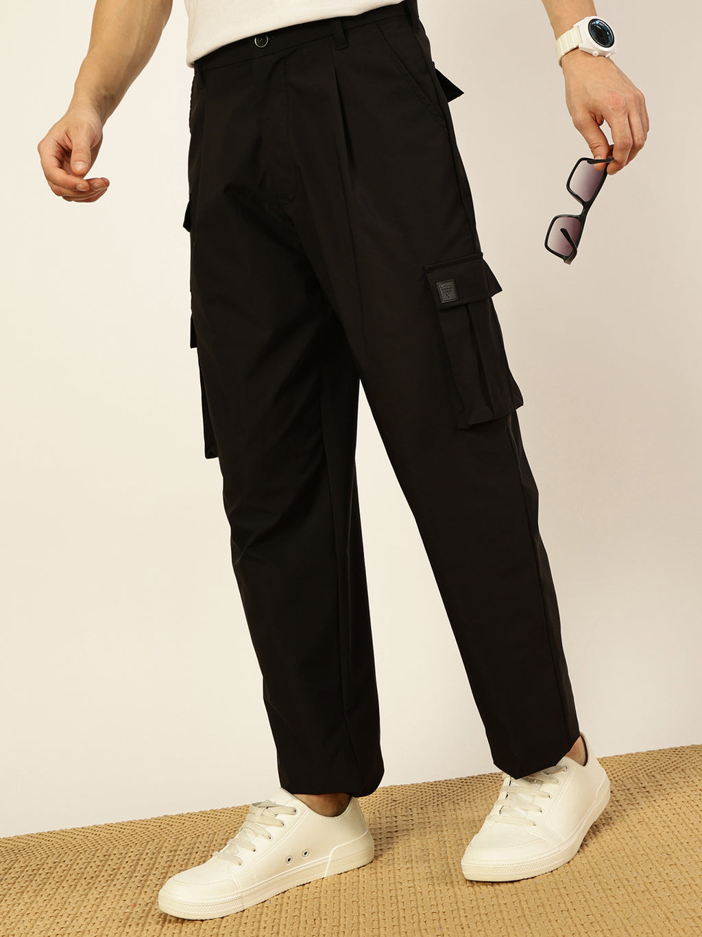 Thomas Scott Men Smart Loose Fit Mid-Rise Easy Wash Pleated Cargos Trousers