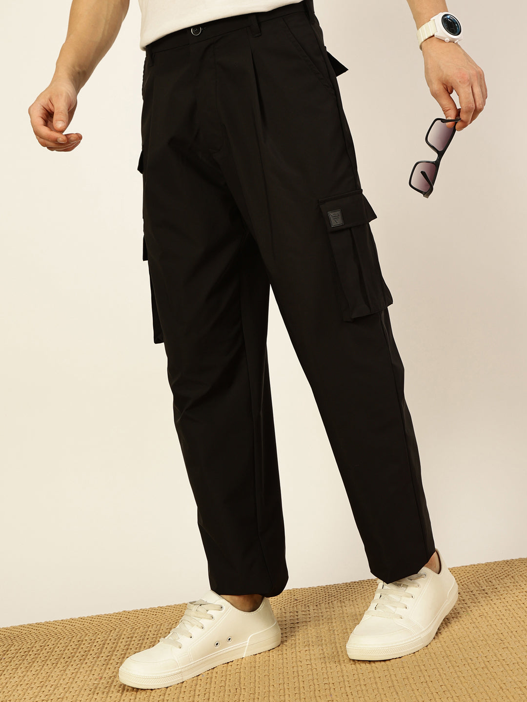 Thomas Scott Men Smart Loose Fit Mid-Rise Easy Wash Pleated Cargos Trousers