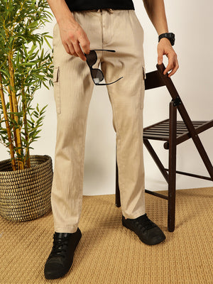 Thomas Scott Men Dark Beige Mid-Rise Straight Fit Cotton Linen Woven Cargos Trouser