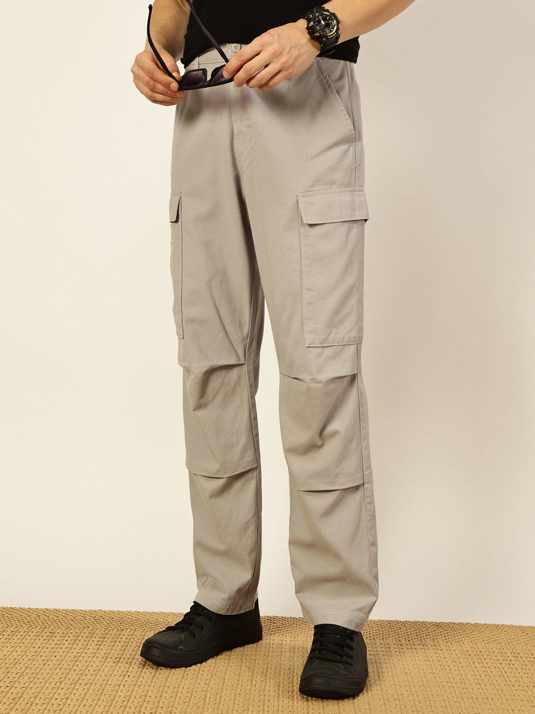 Thomas Scott Men Pure Cotton Classic Straight Fit Easy Wash Cargos Trousers