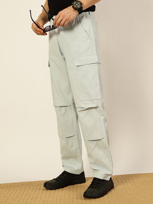 Sky Blue Classic Straight Fit Mid-Rise Easy Wash Pure Cotton Cargo Trouser For Men