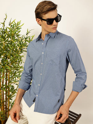 Thomas Scott Men Smart Spread Collar Micro Checked Cotton Slim Fit Casual Shirt