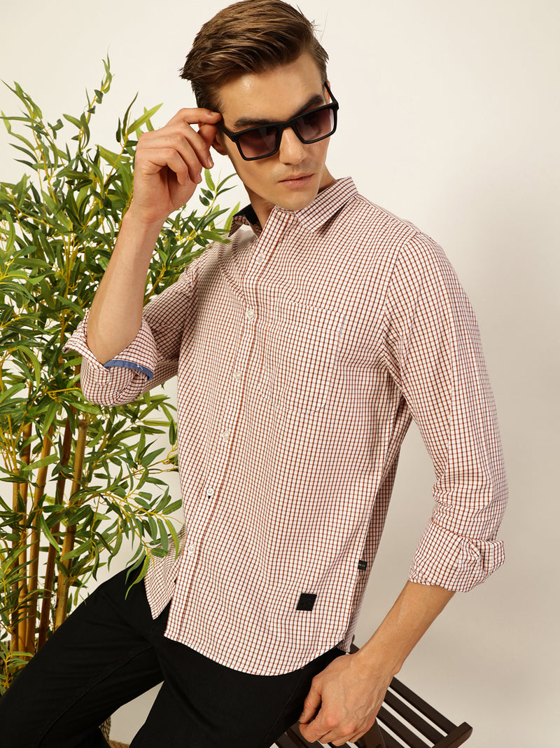 Thomas Scott Men Smart Spread Collar Micro Checked Cotton Slim Fit Casual Shirt