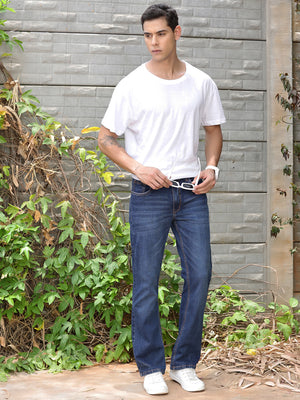 Dark Indigo Smart Bootcut Clean Look Light Fade Stretchable Jeans For Men