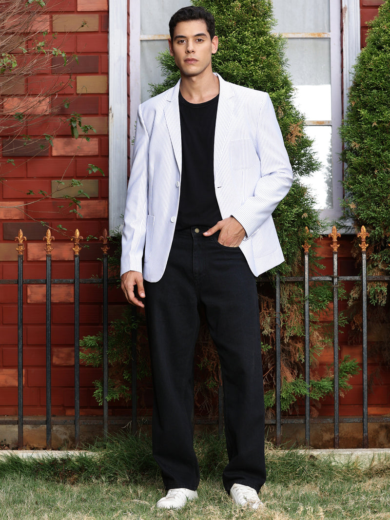 Thomas Scott Men White2 Slim Fit Striped Notched Lapel Collar Single-Breasted Blazer