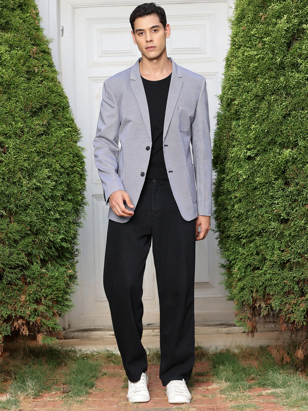 Thomas Scott Men Navy Self-Design Notched Lapel Collar Slim-Fit Casual Blazer