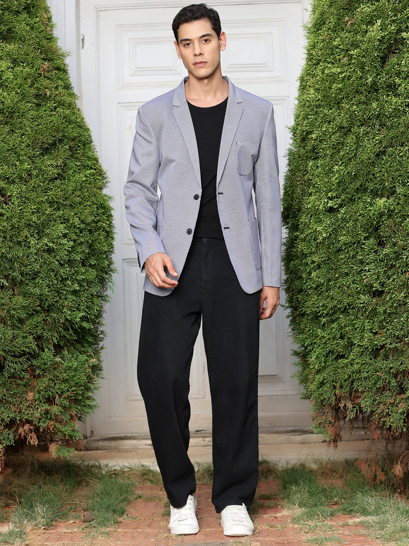 Thomas Scott Men Navy Self-Design Notched Lapel Collar Slim-Fit Casual Blazer