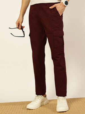 Thomas Scott Men Wine Smart Fit Mid-Rise Cargos Trousers