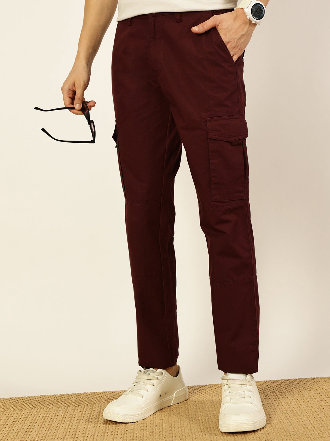 Thomas Scott Men Wine Smart Fit Mid-Rise Cargos Trousers